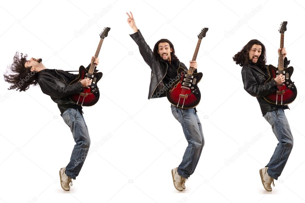 Funny guitar player isolated on white