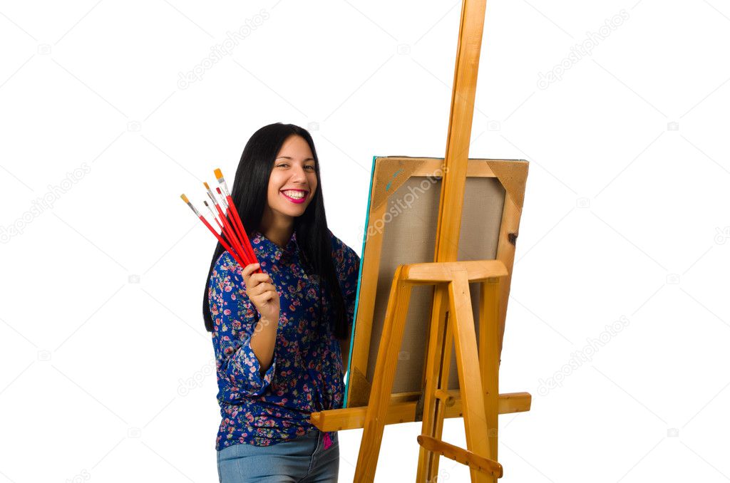 Artist working on palette isolated on white