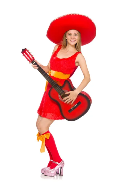 Donna con sombrero che suona la chitarra su bianco — Foto Stock