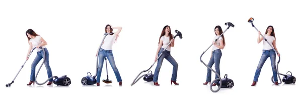 Elektrikli süpürgeyle temizlik yapan kadın kolajı — Stok fotoğraf