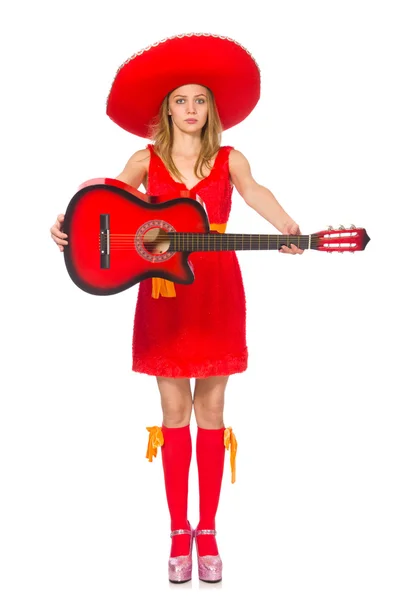 Woman with sombrero playing guitar on white — Stock Photo, Image