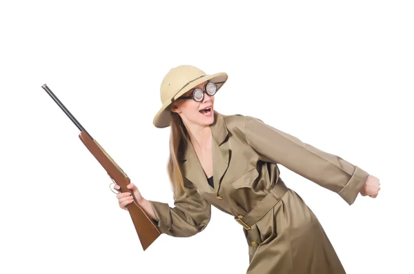 Mujer con sombrero de safari en blanco — Foto de Stock