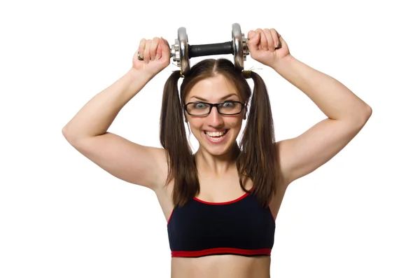 Mujer haciendo ejercicio con pesas aisladas sobre blanco — Foto de Stock