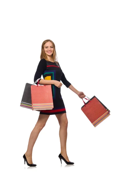 Donna con shopping bags isolata su bianco — Foto Stock