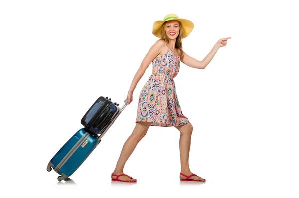 흰 여행 가방을 단 여자 — 스톡 사진