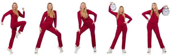 Vrouw doet oefeningen geïsoleerd op de witte — Stockfoto