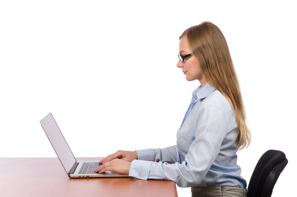 Office employee at work table with laptop isolated on white