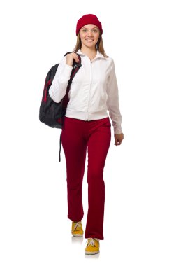 Komik öğrenci üzerinde beyaz izole sırt çantası ile