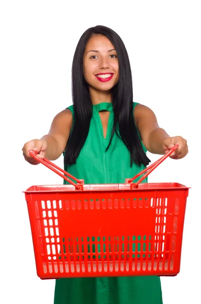Žena s nákupním košíku izolované na bílém — Stock fotografie