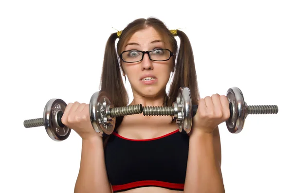 Mujer haciendo ejercicio con pesas aisladas sobre blanco —  Fotos de Stock