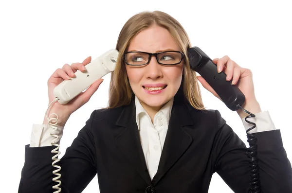 Hübsche Büroangestellte hält Telefon isoliert auf weiß — Stockfoto