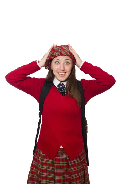 Mädchen in schottischer Schottenkleidung isoliert auf weißem Grund — Stockfoto