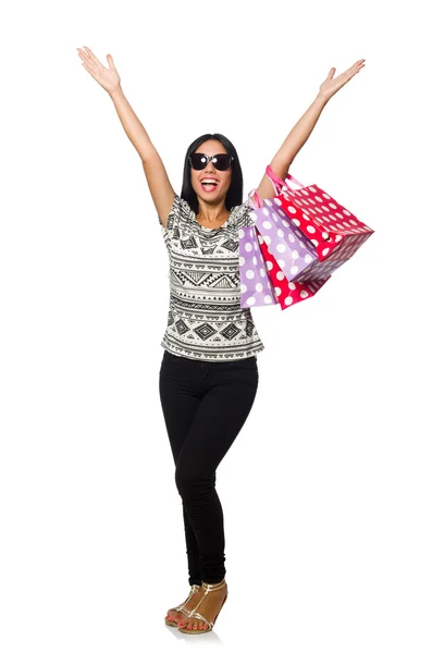 Donna con shopping bags isolata su bianco — Foto Stock