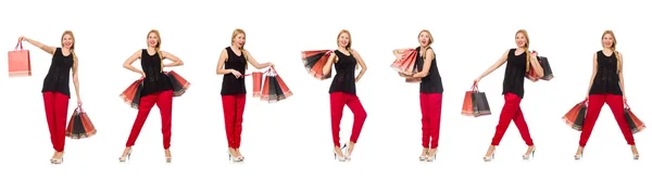 Ensemble de femme avec sacs à provisions sur blanc — Photo