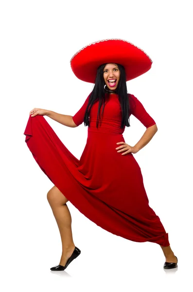 Frau mit Sombrero tanzt auf dem weißen — Stockfoto