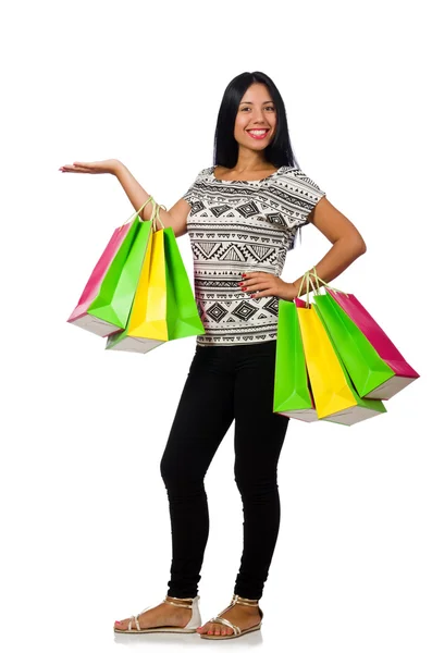 Donna con shopping bags isolata su bianco — Foto Stock