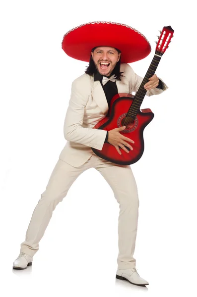 Funny mexicano en traje sosteniendo la guitarra aislado en blanco —  Fotos de Stock