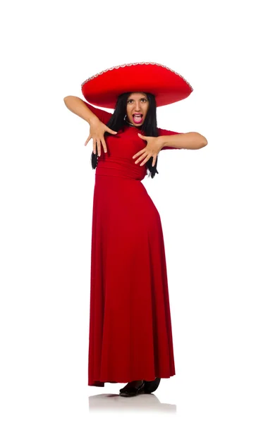 Woman wearing sombrero dancing on the white — Stock Photo, Image