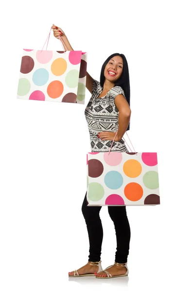 Mulher com sacos de compras isolados em branco — Fotografia de Stock