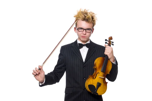 Jeune musicien avec violon isolé sur blanc — Photo