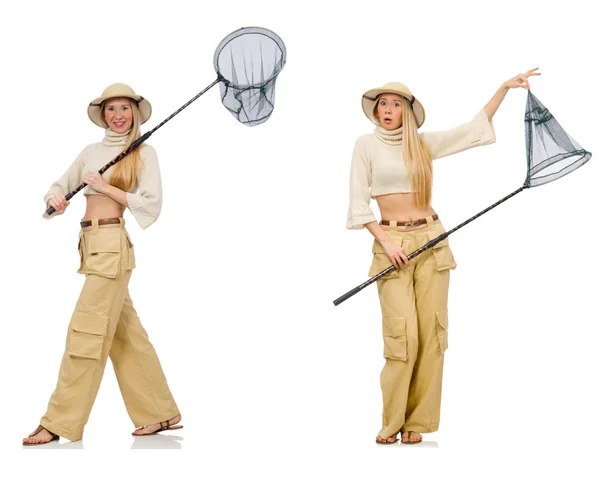 Žena s lovnou sítí na bílém — Stock fotografie