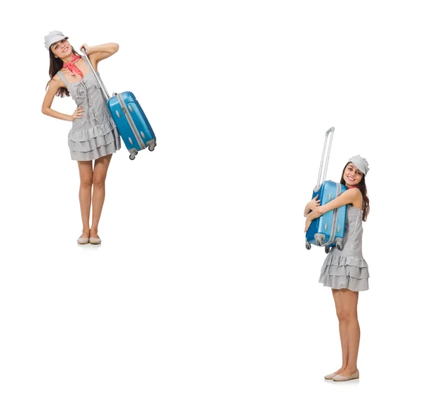 Wanita pelancong dengan koper terisolasi di atas putih — Stok Foto