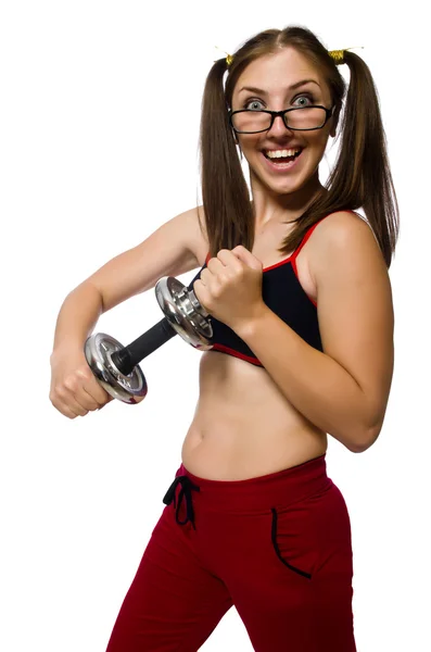 Woman exercising with dumbbells isolated on white — Stock Photo, Image