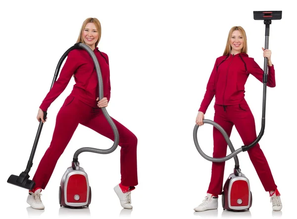 Young woman with vacuum cleaner on white — Stock Photo, Image