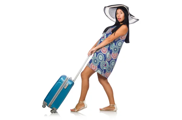 Woman with suitcase isolated on white — Stock Photo, Image