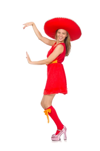 Woman wearing sombrero on the white — Stock Photo, Image