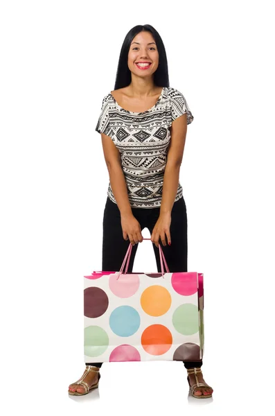 Donna con shopping bags isolata su bianco — Foto Stock