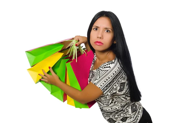 Woman with shopping bags isolated on white — Stock Photo, Image