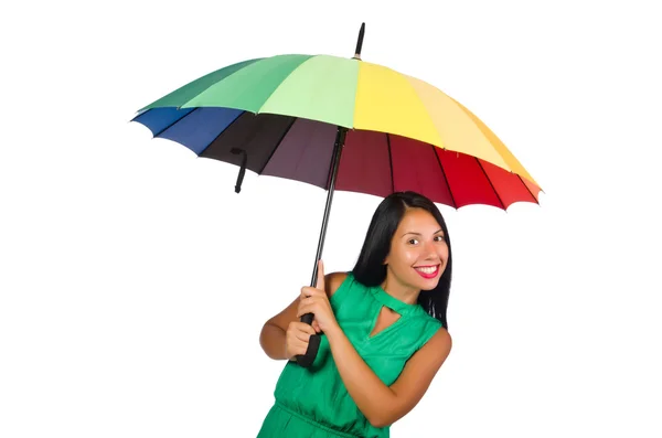 Woman with umbrella isolated on white — Stock Photo, Image