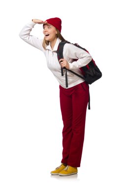 Komik öğrenci üzerinde beyaz izole sırt çantası ile