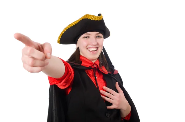 Vrouwelijke piraat in zwarte jas geïsoleerd op wit — Stockfoto
