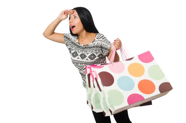 Mulher com sacos de compras isolados em branco — Fotografia de Stock