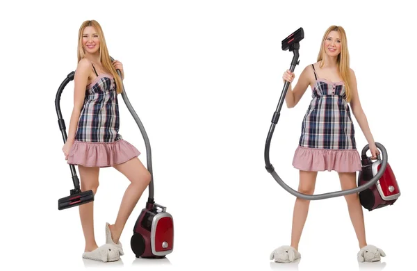 Young woman with vacuum cleaner on white — Stock Photo, Image