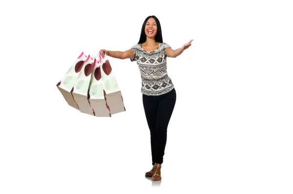 Femme avec des sacs à provisions isolés sur blanc — Photo