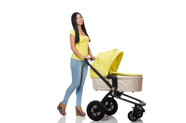 Woman with baby and pram isolated on white — Stock Photo, Image