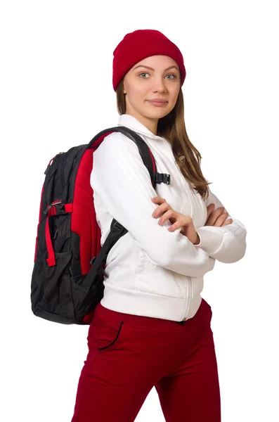 Estudante engraçado com mochila isolada em branco — Fotografia de Stock