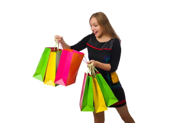 Donna con shopping bags isolata su bianco — Foto Stock