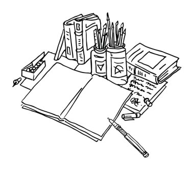 Kitapları, kalemi ve açık defteri olan bir masaüstü çizimi.