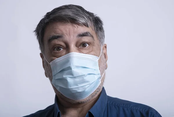 Portrait of a surprised man in a a medical mask.