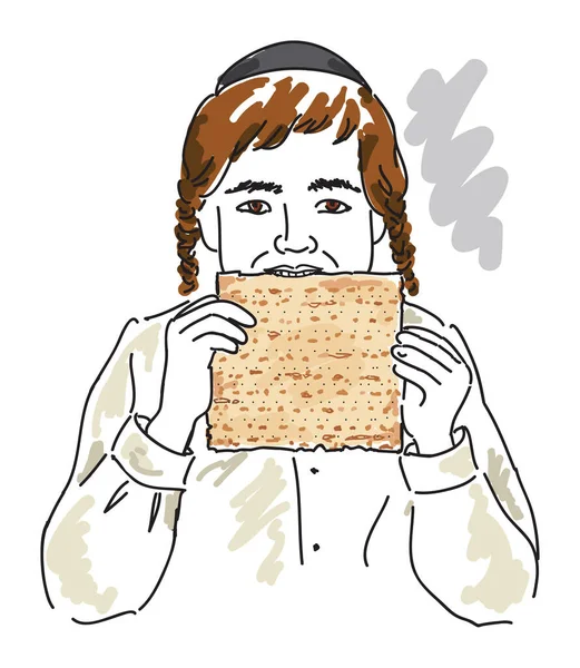 Chico Judío Ortodoxo Comiendo Pan Matzo Para Celebración Pascua Ilustración — Archivo Imágenes Vectoriales
