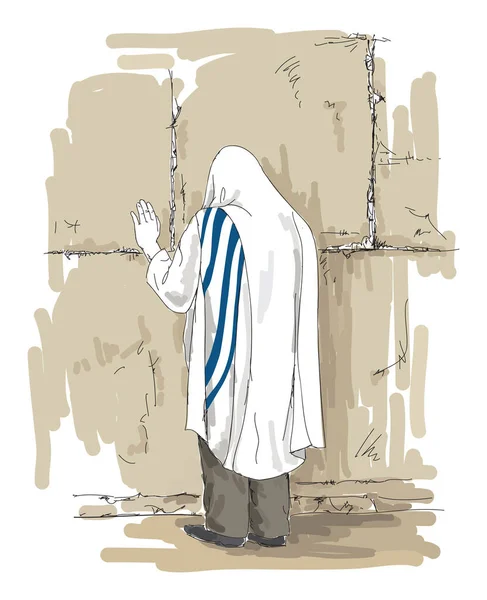 Religious Orthodox Jew Tallit Prays Sacred Western Wailing Wall Jerusalem — Stock Vector