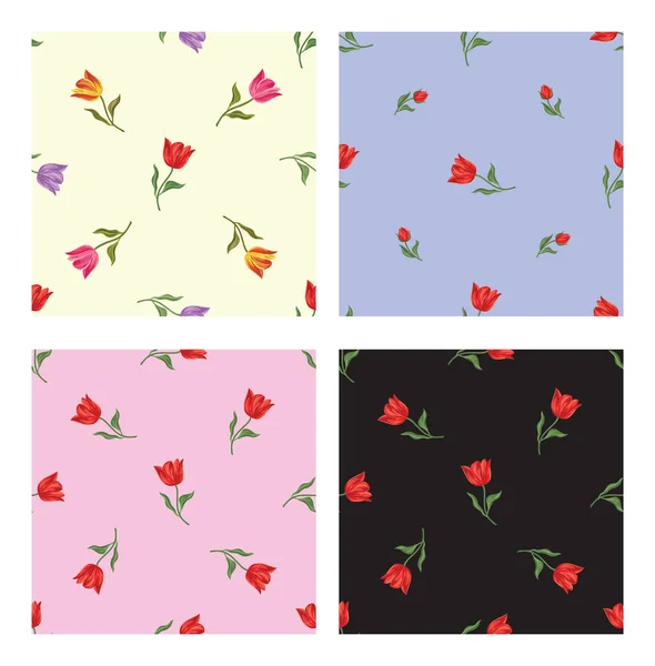 Trendy Set Seamless Patterns Tulips Vector Illustration Textile Print Background — Stock Vector