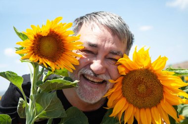 Ayçiçeği tarlasında gülümseyen yaşlı bir adamın portresi..