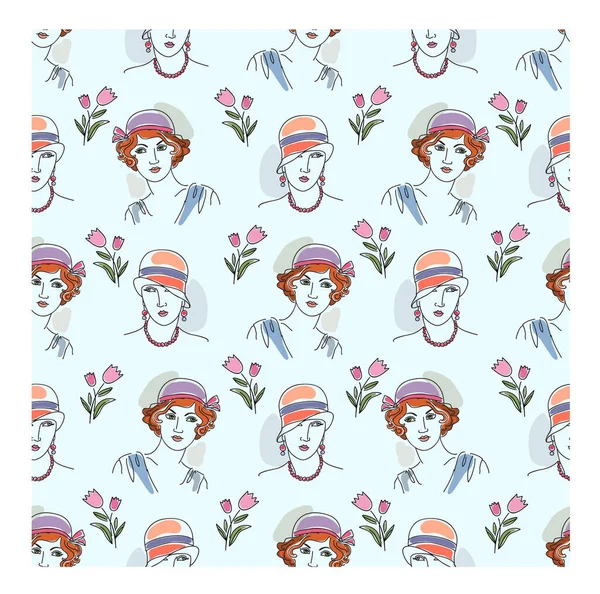 Trendy Seamless Pattern Vintage Portraits Young Women Vector Illustration Textile — Stock Vector