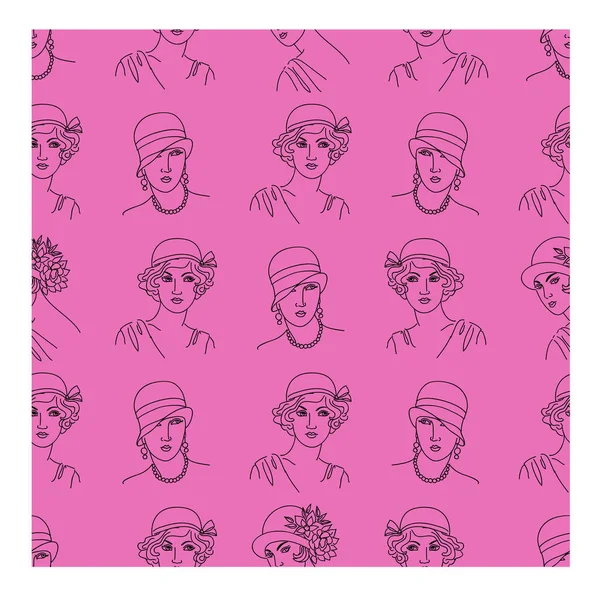 Trendy Seamless Pattern Vintage Portraits Young Women Vector Illustration Textile — Stock Vector