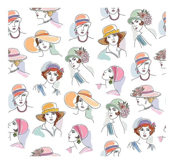 Trendy Seamless Pattern Vintage Portraits Young Women Vector Illustration Textile — Stock Vector